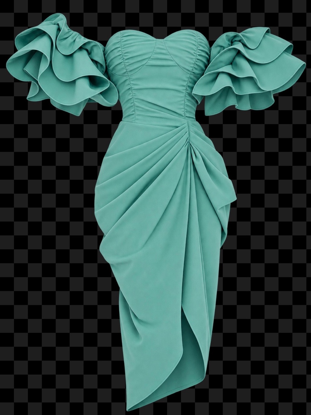 Teal Off-Shoulder Ruffle Sleeve Draped Midi Dress